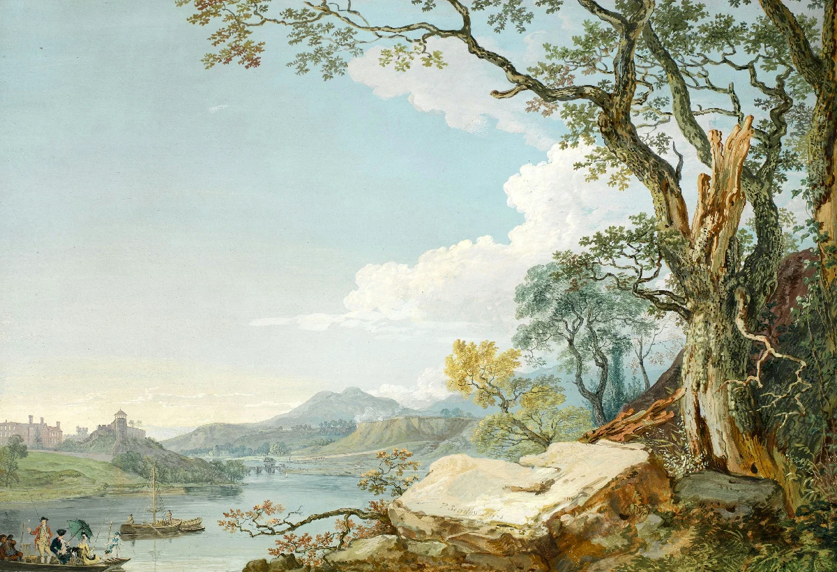 A painting of trees and mountains with water in the background.