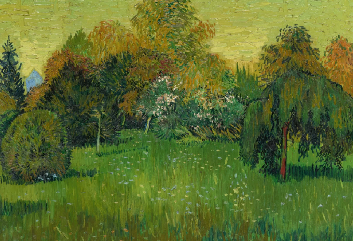 A painting of trees and grass in the middle of a field.