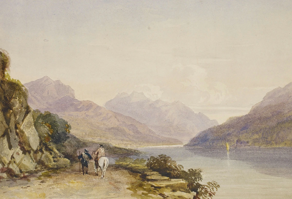 A painting of two people on horseback near the water.